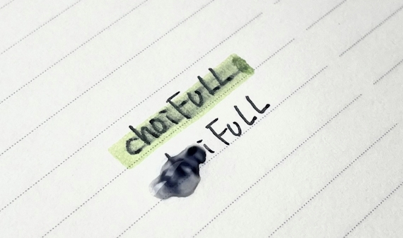 水性インクボールペンで書いた「ChoiFULL」の文字の上からマーカー⇒文字がにじむ、水を垂らす⇒文字がにじむ